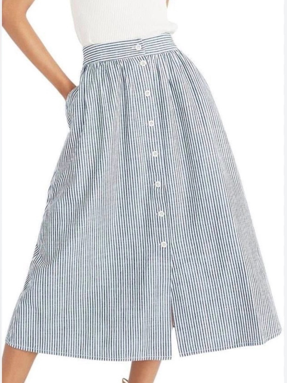 Madewell Striped Button Front Midi Skirt 100% Cotton Size 12 Coastal Preppy - Picture 3 of 9